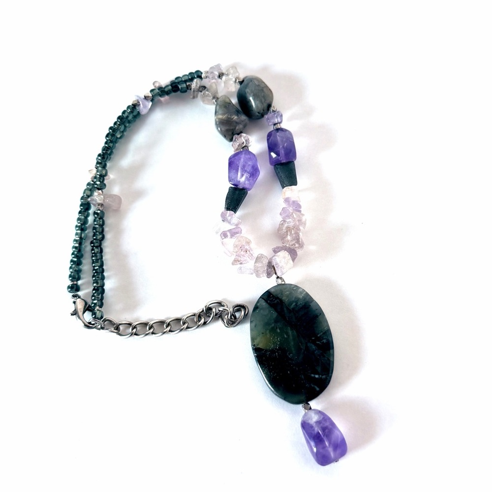 Moss Agate and Tourmaline Amethyst Beaded Pendant Necklace